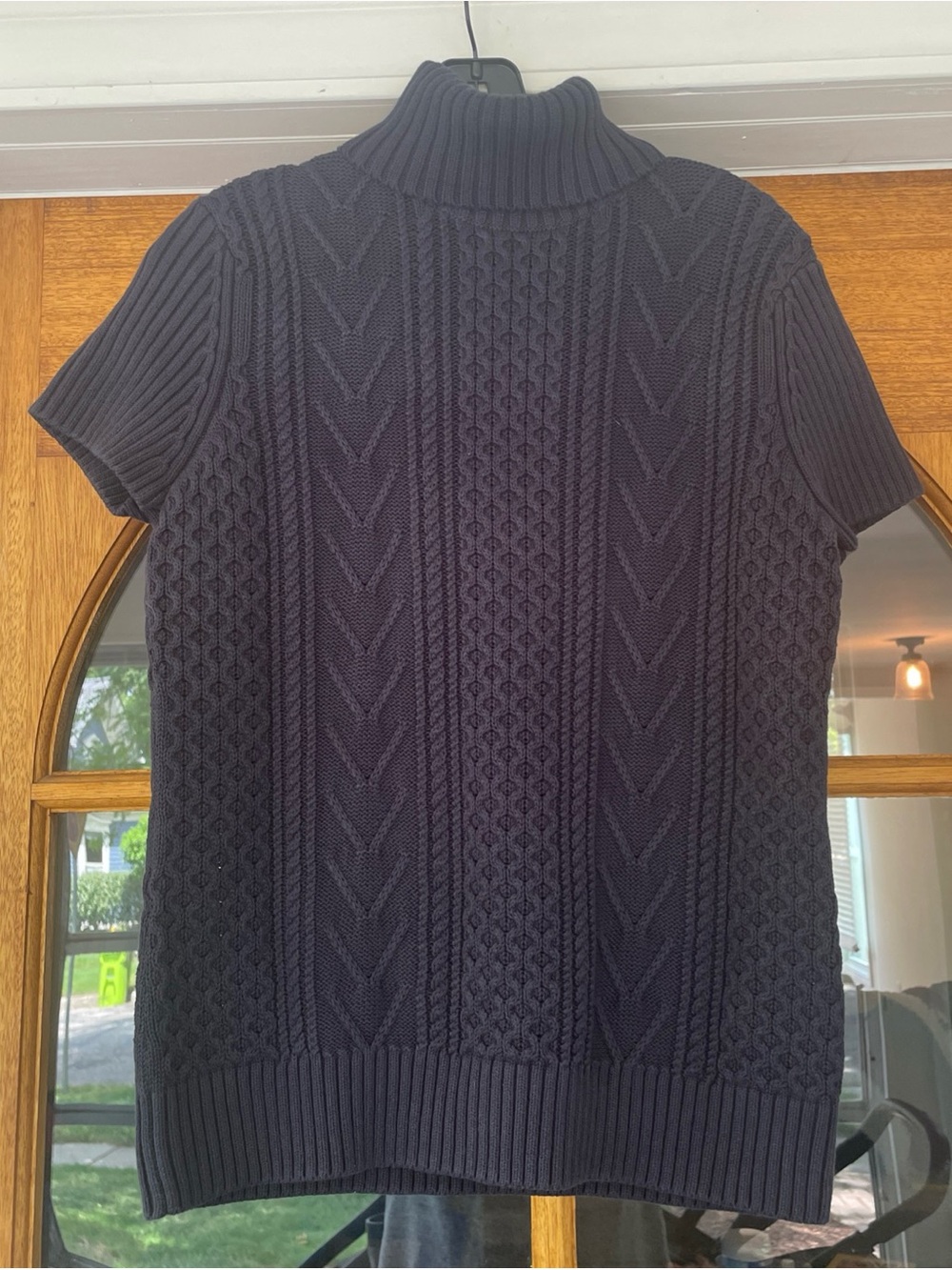 Worth New York Navy Blue Cable Knit Short Sleeve Turtle Neck Sweater Size Large